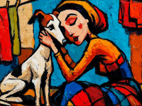 The Gentle Embrace at Home - A woman tenderly cradles her whippet in a vivid expressionist scene, their faces pressed together in a moment of quiet devotion amid bold, sunlit colour.