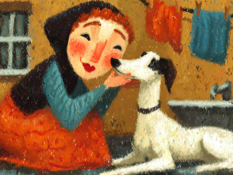 Kitchen Kisses After Bathtime - A rosy-cheeked woman leans in close as her freshly bathed white and black dog plants a grateful kiss on her chin beside the kitchen sink.