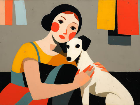 Laundry Day Embrace - A woman in a golden yellow top cradles her white terrier against a backdrop of hanging laundry, rendered in bold flat colour blocks with mid-century charm.