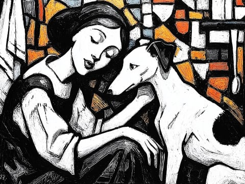 Quiet Embrace at Golden Hour - A woman rests tenderly against her whippet in a moment of shared stillness, rendered in bold black linework with fragments of amber and burnt orange glowing through a stained-glass backdrop.