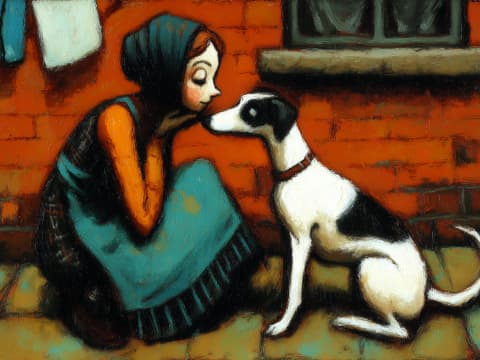 Nose to Nose by the Doorstep - A tender moment between a young woman and her devoted hound, sharing a gentle nose-to-nose greeting against the warm glow of a brick terrace wall.