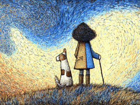 Companion Under Swirling Skies - A figure and their loyal dog stand together on a hillside beneath a magnificent swirling sky of blues and golds, rendered in an impressionistic post-impressionist style.