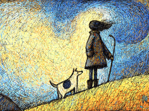 Girl and Dog at Sunset - A young girl and her loyal dog stand together on a golden hillside, silhouetted against a swirling sky of blues and yellows reminiscent of Van Gogh's iconic brushwork.