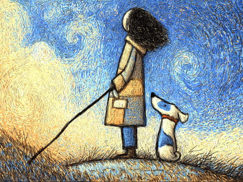 Companion Under Swirling Skies - A solitary figure walks with their faithful dog beneath a dramatic Van Gogh-inspired sky, where swirling blues and golds create an atmosphere of quiet contemplation and unwavering companionship.
