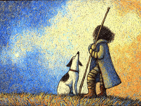 Companions in the Golden Hour - A solitary figure and faithful dog stand together against a swirling sky of blues and golds, their bond illuminated by the warmth of dusk.
