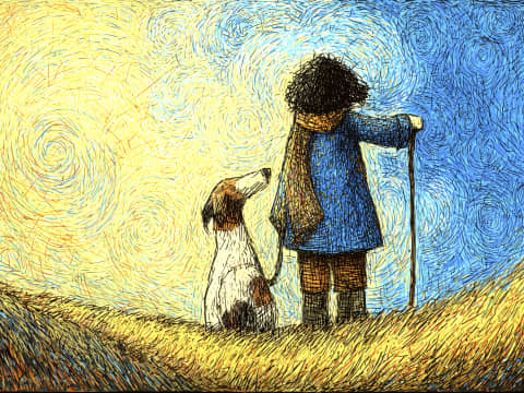 Companion on the Golden Hill - A child and their loyal dog stand together on a sunlit hillside, rendered in the iconic swirling brushstrokes of post-impressionist style.