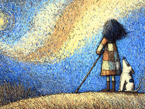 Starlight Journey with Companion - A solitary figure and their loyal dog stand beneath a swirling Van Gogh-inspired sky, gazing into the cosmic dance of stars and light.