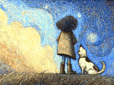 Starry Night Companions - A child and loyal dog stand together beneath a swirling cosmic sky, their silhouettes united against the vastness of a dreamlike evening.
