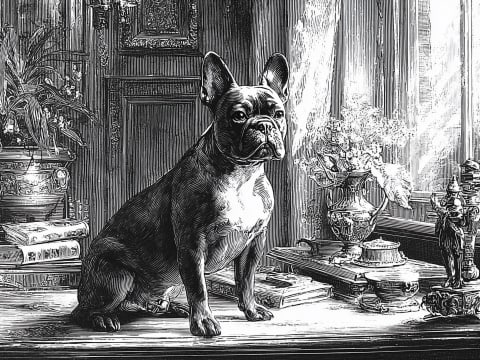 Distinguished Study Companion - A French Bulldog sits regally on a desk surrounded by potted plants, books, decorative vases, and classical furnishings.