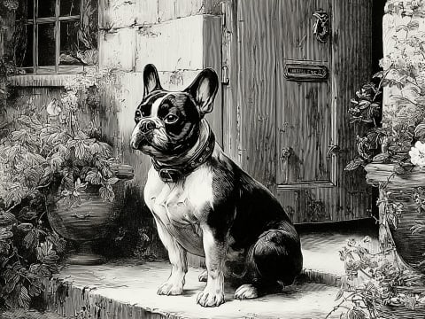 Guardian at the Threshold - A French Bulldog sits alertly before a weathered door, flanked by potted flowering plants in this detailed engraving.