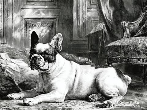 Regal Repose - A French Bulldog lounges majestically in an ornate Victorian parlor, surrounded by carved furniture and decorative paneling.
