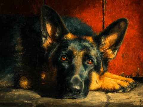 Crimson Watch - A German Shepherd lies with head on paws gazing forward, set against a deep crimson background in richly textured old-master oil style.