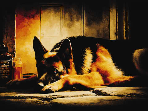 Amber Vigil - A German Shepherd lies curled beside old bottles and a door in a darkened room, bathed in deep amber and sepia tones with a vintage photographic quality.
