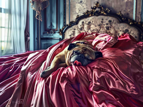 Royal Slumber - A pug wearing a golden crown rests luxuriously in rumpled crimson satin sheets on an ornate antique bed.