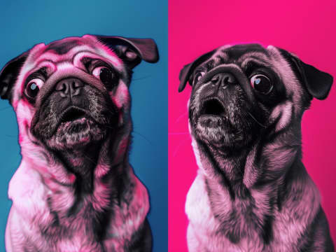 Pop Art Pug Diptych - A pug portrait rendered twice in bold pop art style, set against contrasting blue and hot pink backgrounds.