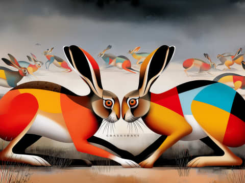 Hares in Motion - Two geometric hares face each other beneath stormy skies, their bodies decorated with bold, colorful angular patterns in motion.