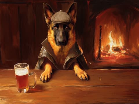 The Local Regular - A German Shepherd wearing a flat cap and waxed jacket sits at a pub bar with a pint of ale beside a roaring fire.