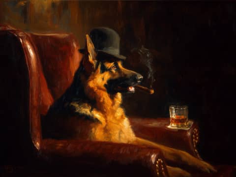 The Gentleman's Evening - A distinguished German Shepherd reclines in a leather armchair, bowler hat tilted rakishly, cigar smouldering beside a glass of fine whisky in warm firelight.