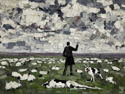 The Shepherd's Domain - A solitary shepherd stands among a flock of sheep in a green meadow, with a black and white dog beside them, against a dramatic cloudy sky.