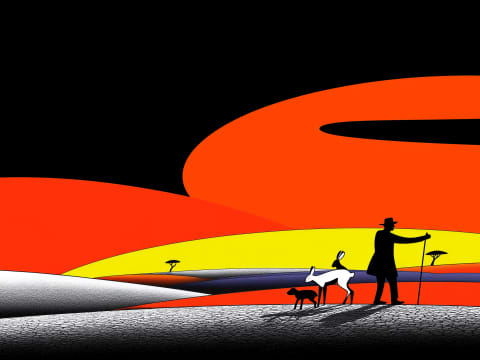 Desert Wanderer's Journey - A silhouetted shepherd with staff walks alongside two dogs across textured terrain beneath dramatic orange, yellow, and red sunset dunes.