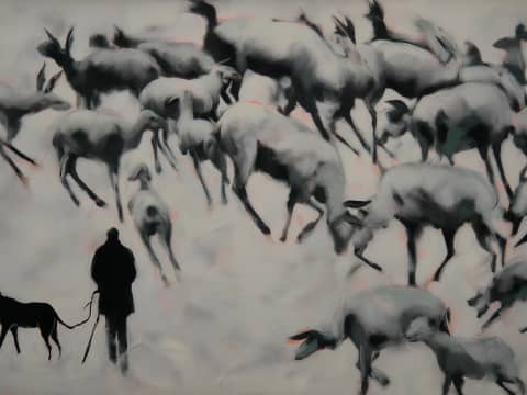 The Shepherd's Watch - A solitary figure with dog observes a herd of deer or antelope moving through misty terrain in monochromatic tones.