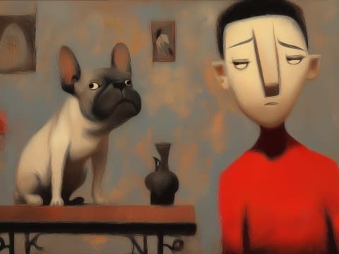 Quiet Contemplation - A melancholic figure in red sits beside a French Bulldog on a table, surrounded by framed artwork in a muted interior.