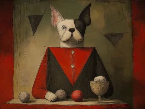 The Gentleman's Game - A distinguished French Bulldog in formal red and black attire sits at a table with spheres and a chalice.