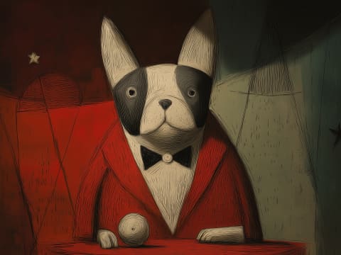 The Distinguished Dealer - A dapper Boston Terrier in red jacket and bow tie presides over a card table in an elegant, art deco-inspired setting.