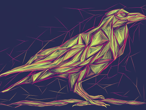 Geometric Raven Luminance - A raven rendered in striking angular geometric forms with brilliant yellow-green linework against deep purple, creating electric energy.