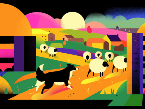 Guardian of the Rainbow Pasture - A vibrant border collie watches over sheep in a dreamlike countryside rendered in brilliant, geometric color fields.