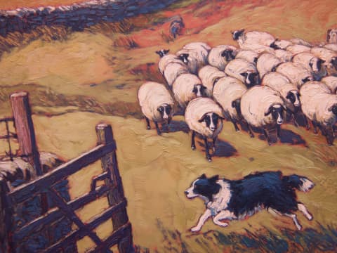 Guardian of the Flock - A loyal border collie tends sheep across golden pastures in this vibrant impressionist pastoral scene.