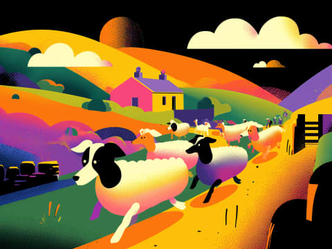 Pastoral Dreams in Vivid Valleys - A whimsical illustration of dairy cows grazing across vibrant, undulating hillsides in bold, saturated colors.