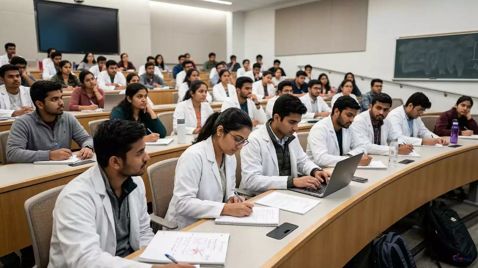 Indian MBBS students attending lecture at a medical university in Georgia
