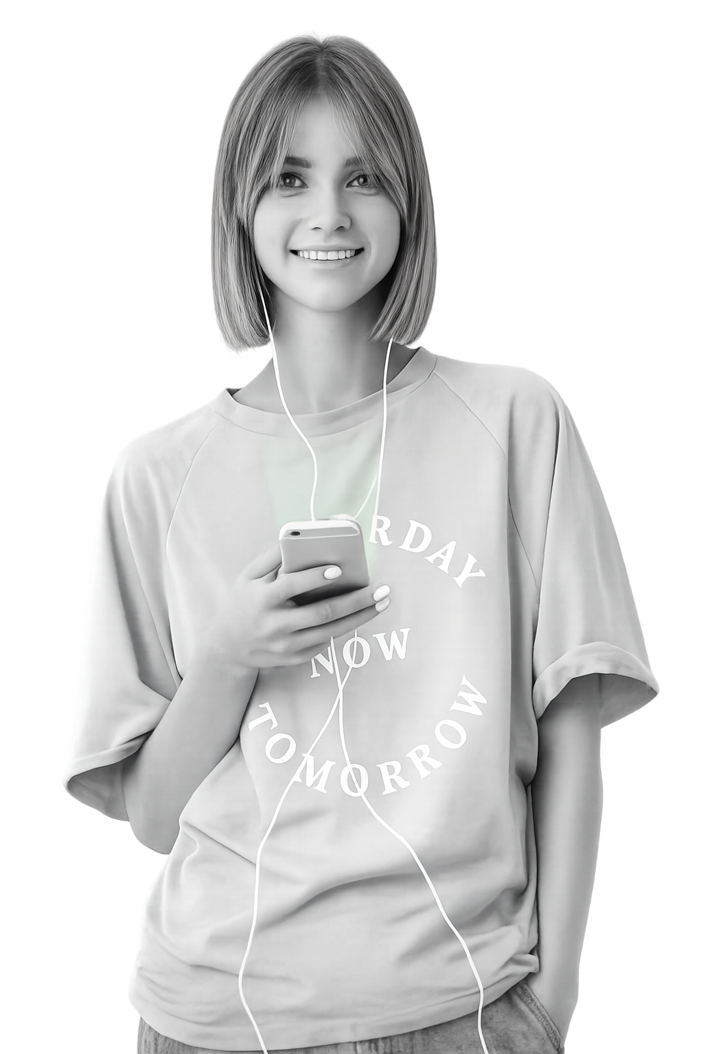 Young woman holding smartphone with earphones — Write my essay promotional image
