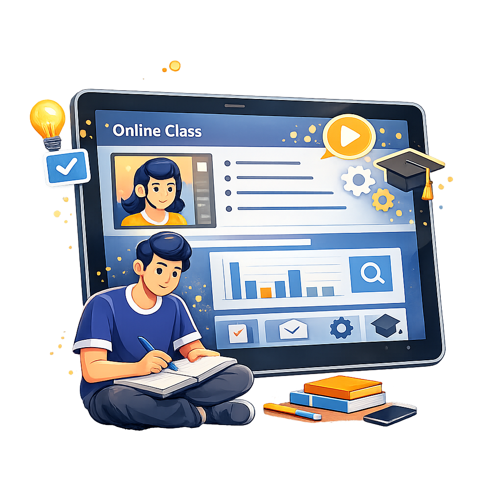 Study illustration — person reading and taking notes