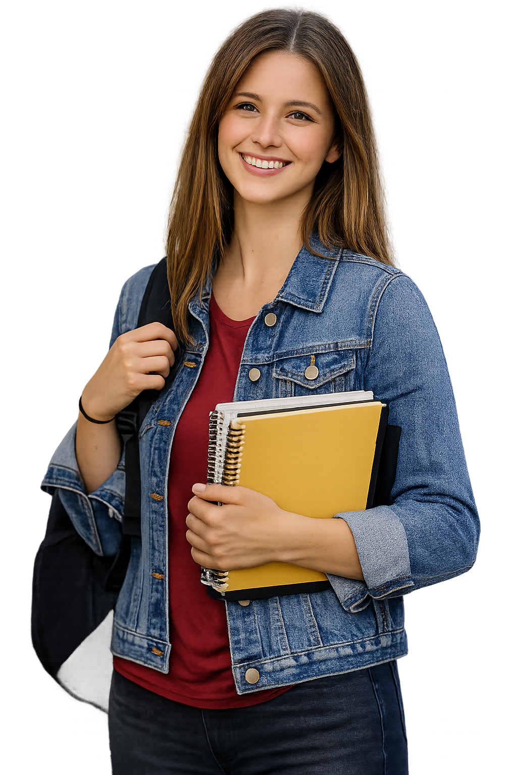 Young woman holding smartphone with earphones — Write my essay promotional image