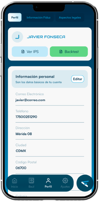 Pantalla de la aplicación Fiduz mostrando funcionalidad