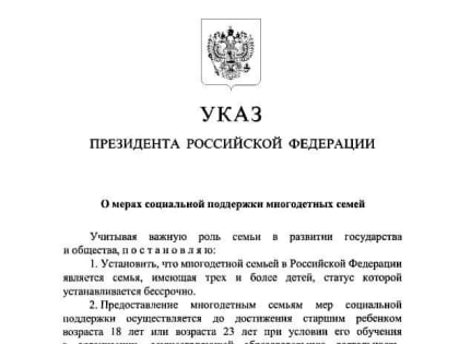 Президент России Владимир Путин подписал указ о едином статусе многодетных семей и гарантиях, действующих для них на территории страны