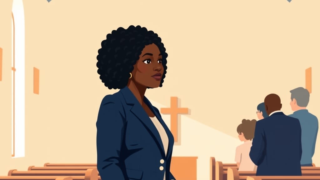 A friendly middle aged Black woman deacon standing thoughtfully at the back of a small sanctuary looking at a mostly empty wooden pew