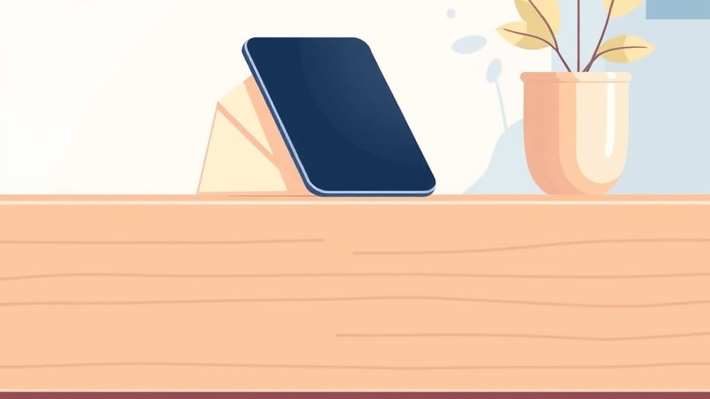 A single simple smartphone resting on a plain wooden desk beside a soft cream envelope