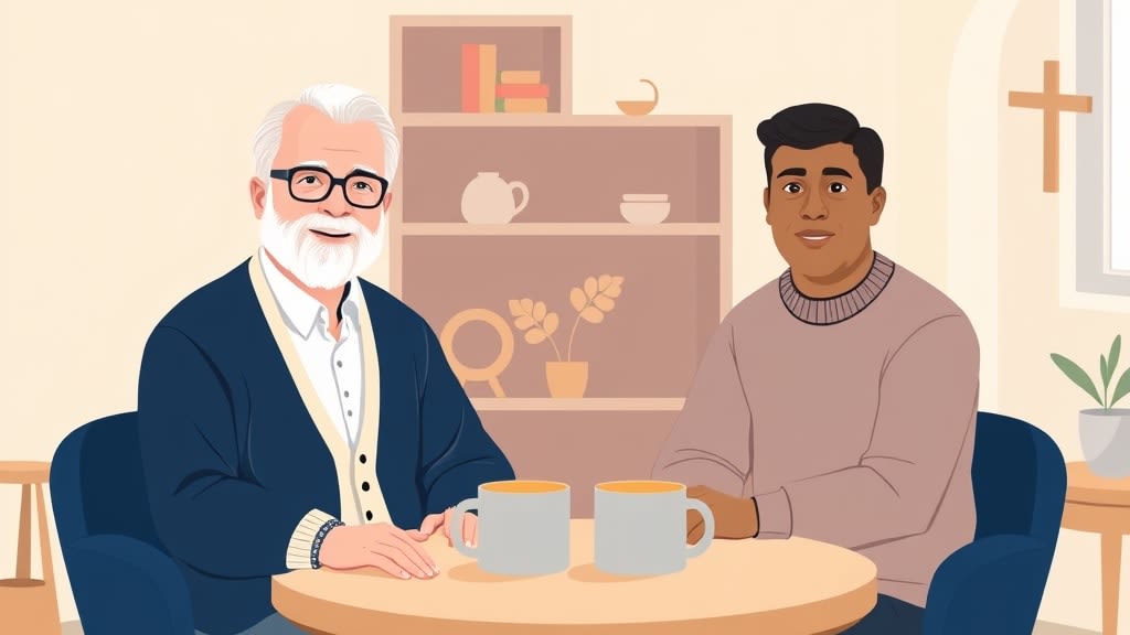 A friendly older white male deacon and a friendly middle aged Hispanic man sitting across a small wooden table sharing a quiet conversation over coffee in a warm home living room