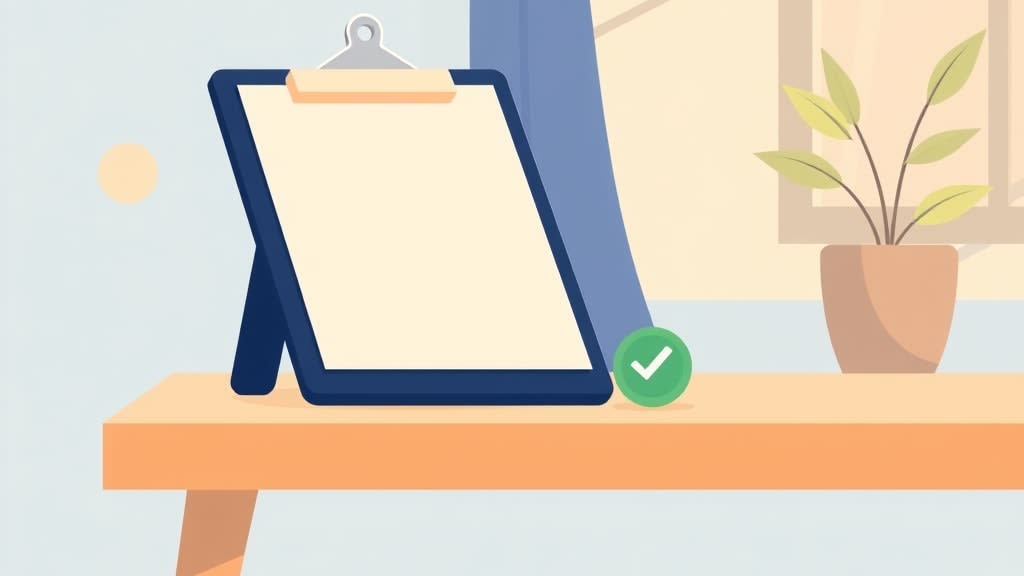 A small navy blue clipboard resting on a plain wooden desk with a single green checkmark badge beside it