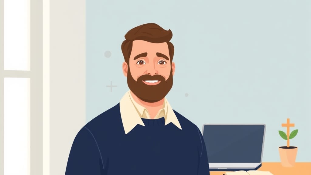 A friendly bearded pastor standing warmly beside a plain wooden church study desk with a closed laptop and an open Bible on the desk, a small wooden cross on the cream wall, both hands resting gently at his sides, soft morning window light