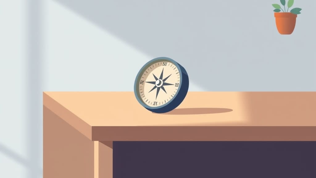 A single small soft navy compass with a cream face resting on a plain wooden church office desk in warm morning light with a small wooden cross on the cream wall in the background, no people