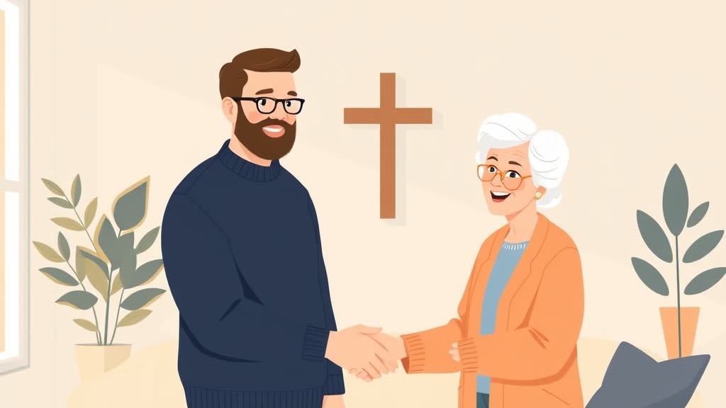 A friendly pastor and a smiling older woman church member standing together in a cozy living room warmly shaking hands, a small wooden cross on the wall, a single potted plant in the corner, soft afternoon light