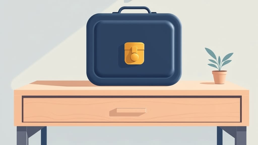 A single closed navy lockbox with a small brass padlock resting on a plain wooden church office desk in soft afternoon light with a small wooden cross on the cream wall in the background, no people
