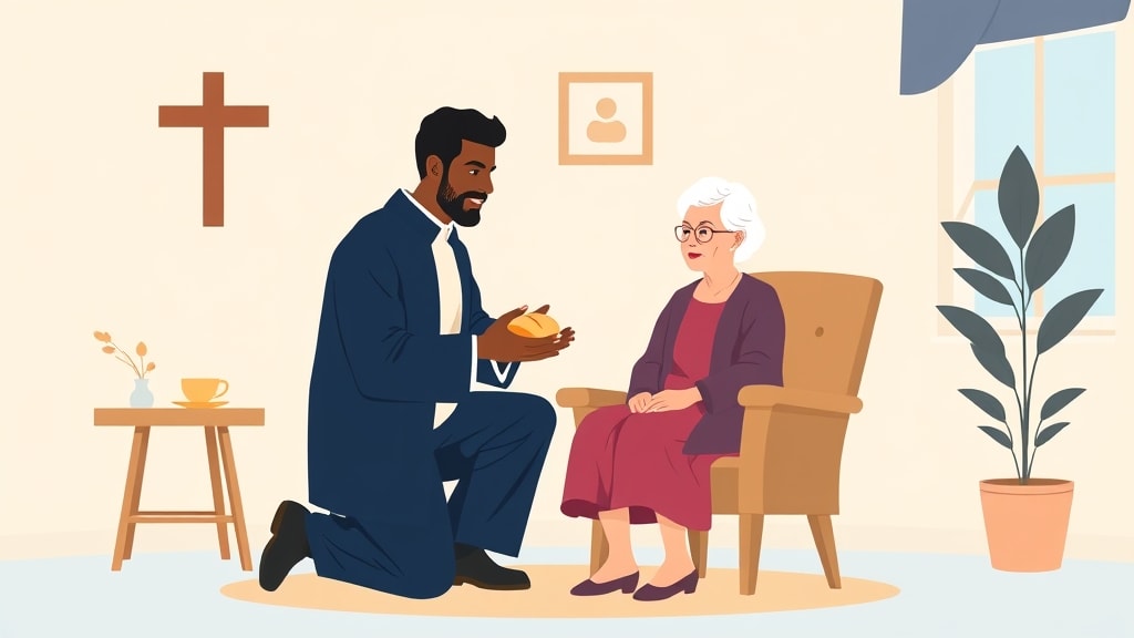 A middle-aged Hispanic deacon kneeling to hand a loaf of bread to an elderly seated woman in a warm sunlit room