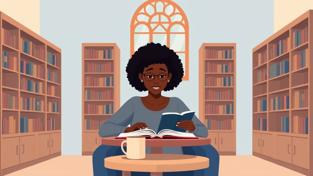 A young African American woman sitting at a wooden table reading from an open Bible with a soft cup of coffee beside her