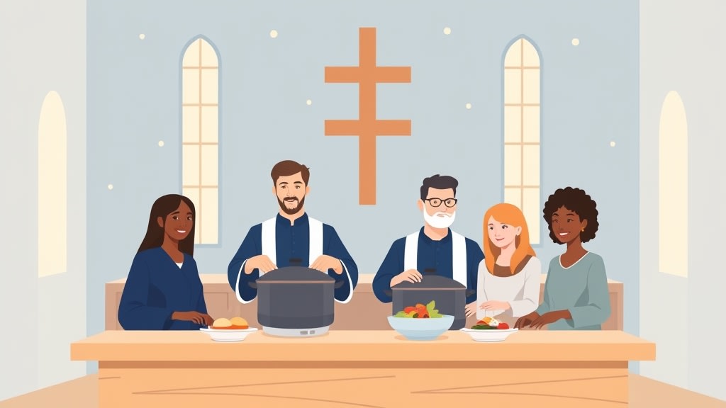 Two deacons standing in a church fellowship hall serving food at a long simple wooden table to a small line of people