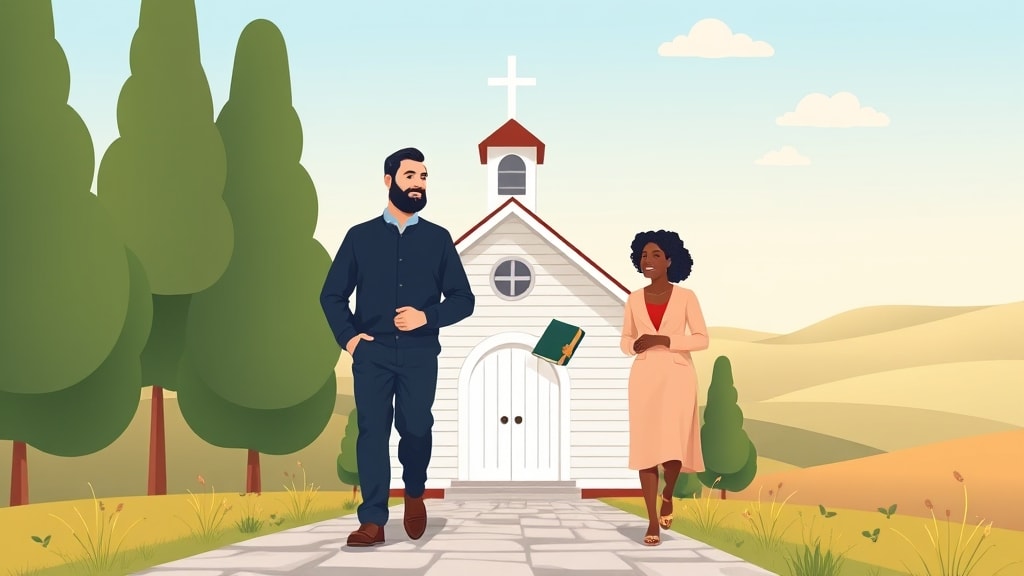 A white male pastor and an African American woman deacon walking side by side along a tree-lined path outside a small church building